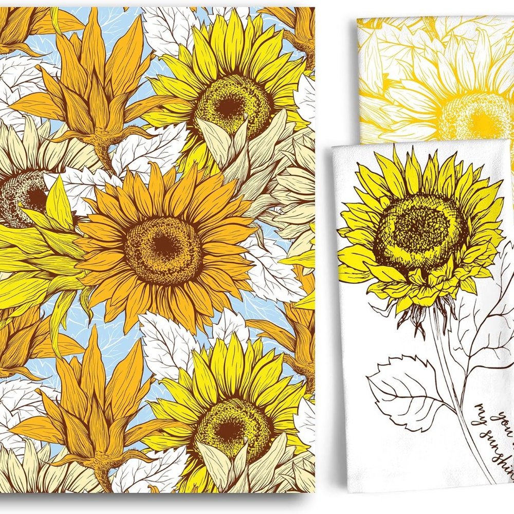 Sunflower Flour Sack Dish Towels with Hanging Loop, Set of 3, 20" x 30"